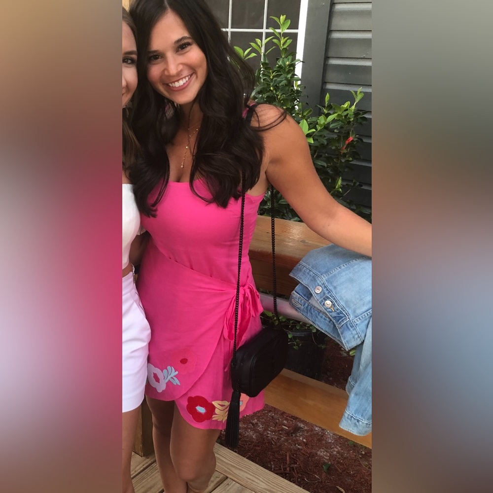 JMarie pink wrap dress with embroidery. Size small.